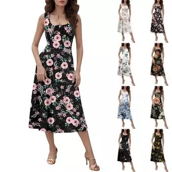 Женское повседневное модное платье миди с круглым вырезом без рукавов и боковыми карманами L армия зеленый