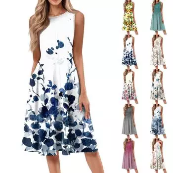 Женское повседневное модное платье миди с круглым вырезом без рукавов и принтом L бежевый