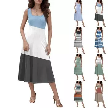 Женское повседневное модное платье миди с круглым вырезом без рукавов и боковыми карманами L синий