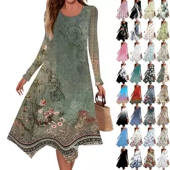 Женское повседневное модное платье миди с круглым вырезом и длинными рукавами с принтом и нерегулярным подолом XL