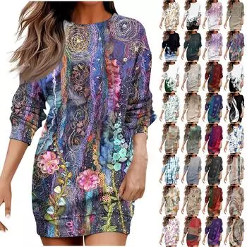 Женское повседневное модное платье миди с круглым вырезом и цветочным принтом с длинными рукавами L чёрный