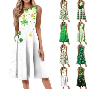 Женское повседневное модное платье миди с круглым вырезом без рукавов и принтом M