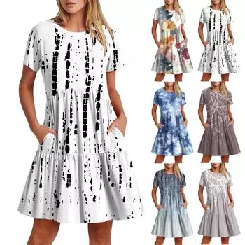 Женское повседневное модное платье-миди с круглым вырезом и коротким рукавом с принтом и карманом S белый