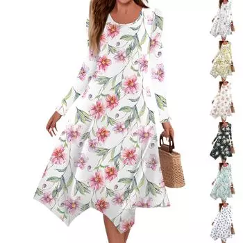 Женское повседневное модное платье миди с круглым вырезом и длинными рукавами с принтом и нерегулярным подолом S розовый