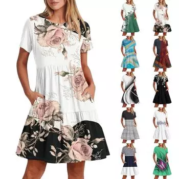 Женское повседневное модное платье-миди с круглым вырезом и коротким рукавом с принтом и карманом XL