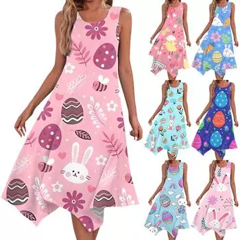 Женское повседневное модное платье миди с круглым вырезом без рукавов с пасхальным принтом и нерегулярным подолом L синий