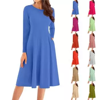 Женское повседневное модное платье миди с круглым вырезом и длинным рукавом L армия зеленый