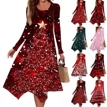 Женское повседневное модное платье миди с круглым вырезом и длинным рукавом с принтом и неровным подолом XXL