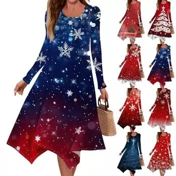 Женское повседневное модное платье миди с круглым вырезом и длинным рукавом с принтом и неровным подолом S