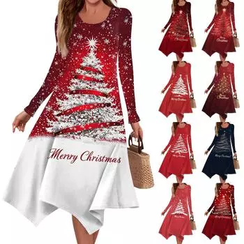 Женское повседневное модное платье миди с круглым вырезом и длинным рукавом с принтом и неровным подолом XL тёмно-синий