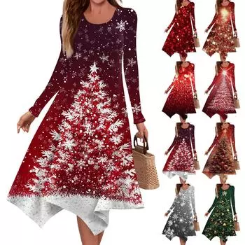 Женское повседневное модное платье миди с круглым вырезом и длинным рукавом с принтом и неровным подолом L