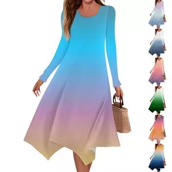 Женское повседневное модное платье миди с круглым вырезом и длинными рукавами с градиентным принтом и нерегулярным подолом XXL зелёный