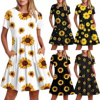 Женское повседневное модное платье-миди с круглым вырезом и коротким рукавом с принтом и карманом L чёрный