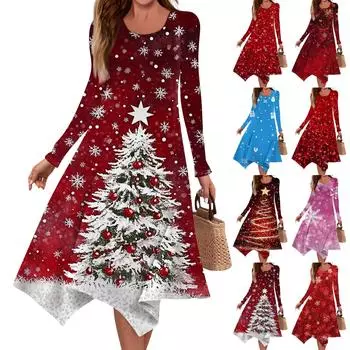 Женское повседневное модное платье миди с круглым вырезом и длинным рукавом с принтом и неровным подолом XXL красный