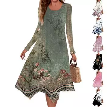 Женское повседневное модное платье миди с круглым вырезом и длинными рукавами с принтом и нерегулярным подолом L армия зеленый