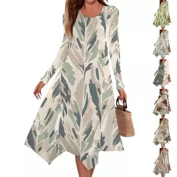 Женское повседневное модное платье миди с круглым вырезом и длинными рукавами с принтом и нерегулярным подолом L коричневый