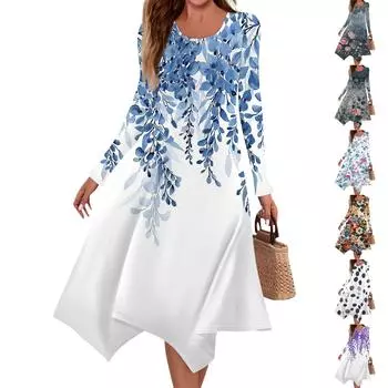 Женское повседневное модное платье миди с круглым вырезом и длинными рукавами с принтом и нерегулярным подолом L синий