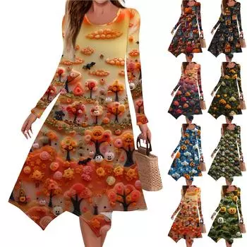 Женское повседневное модное платье миди с круглым вырезом и длинным рукавом, принтом 3D на Хэллоуин, неровным подолом M имбирный