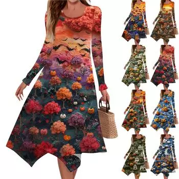 Женское повседневное модное платье миди с круглым вырезом и длинным рукавом, принтом 3D на Хэллоуин, неровным подолом S синий