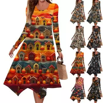 Женское повседневное модное платье миди с круглым вырезом и длинным рукавом, принтом 3D на Хэллоуин, неровным подолом XL серый