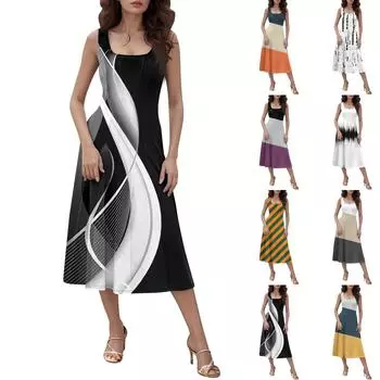 Женское повседневное модное платье миди с круглым вырезом без рукавов и боковыми карманами L бежевый