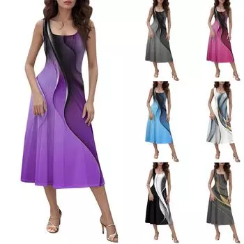 Женское повседневное модное платье миди с круглым вырезом без рукавов и боковыми карманами L чёрный