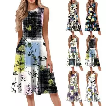 Женское повседневное модное платье миди с цветочным принтом и круглым вырезом без рукавов L бежевый