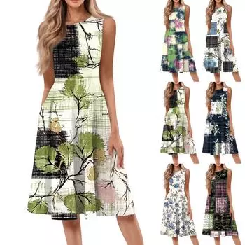 Женское повседневное модное платье миди с цветочным принтом и круглым вырезом без рукавов L светло-зеленый