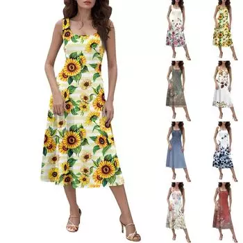 Женское повседневное модное платье миди с круглым вырезом без рукавов и боковыми карманами L