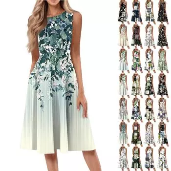 Женское повседневное модное платье миди с цветочным принтом и круглым вырезом без рукавов L