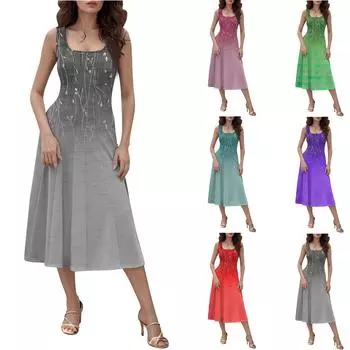 Женское повседневное модное платье миди с круглым вырезом без рукавов и боковыми карманами L красный