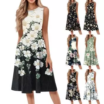 Женское повседневное модное платье миди с цветочным принтом и круглым вырезом без рукавов XXL бежевый