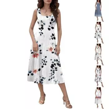 Женское повседневное модное платье миди с круглым вырезом без рукавов и боковыми карманами L чёрный