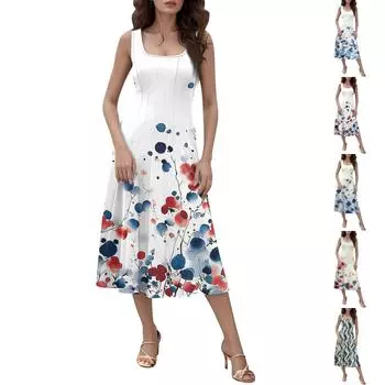 Женское повседневное модное платье миди с круглым вырезом без рукавов и боковыми карманами L синий