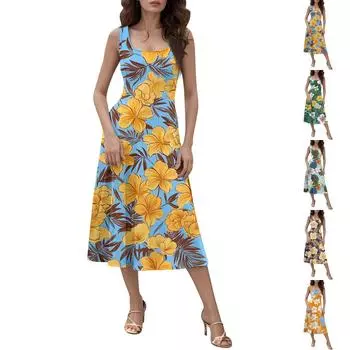 Женское повседневное модное платье миди с круглым вырезом без рукавов и боковыми карманами L коричневый