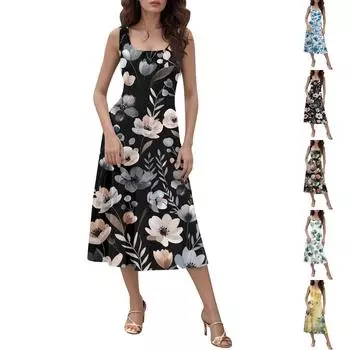 Женское повседневное модное платье миди с круглым вырезом без рукавов и боковыми карманами L чёрный