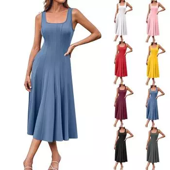 Женское повседневное модное платье миди с круглым вырезом без рукавов и боковыми карманами L розовый