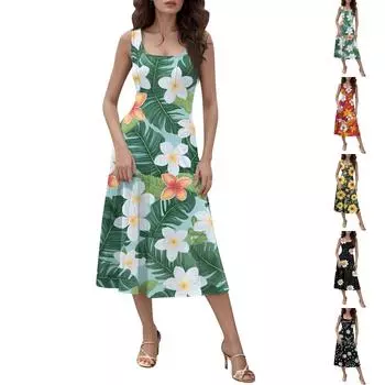 Женское повседневное модное платье миди с круглым вырезом без рукавов и боковыми карманами L чёрный