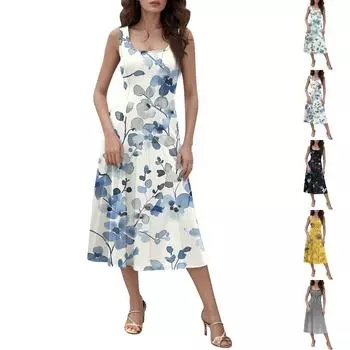 Женское повседневное модное платье миди с круглым вырезом без рукавов и боковыми карманами L чёрный