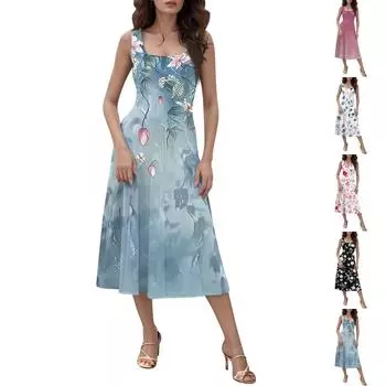 Женское повседневное модное платье миди с круглым вырезом без рукавов и боковыми карманами L чёрный