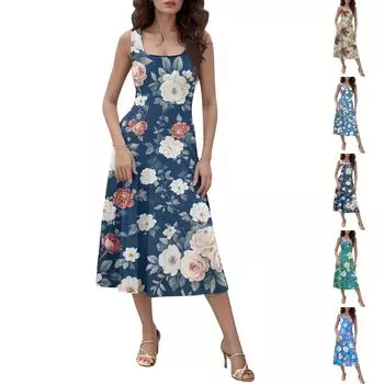 Женское повседневное модное платье миди с круглым вырезом без рукавов и боковыми карманами M синий