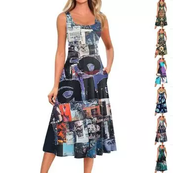 Женское повседневное модное платье миди с цветочным принтом и круглым вырезом без рукавов L