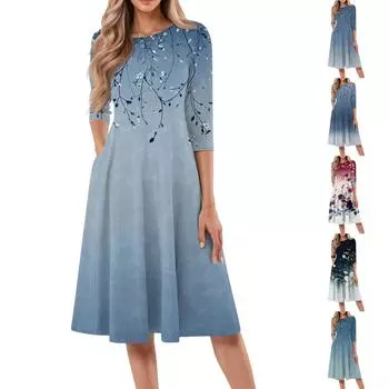 Женское повседневное модное платье миди с круглым вырезом и рукавом три четверти S розовый