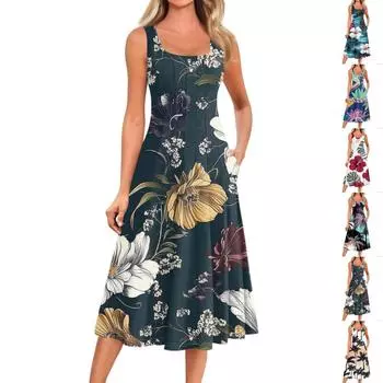 Женское повседневное модное платье миди с цветочным принтом и круглым вырезом без рукавов L синий