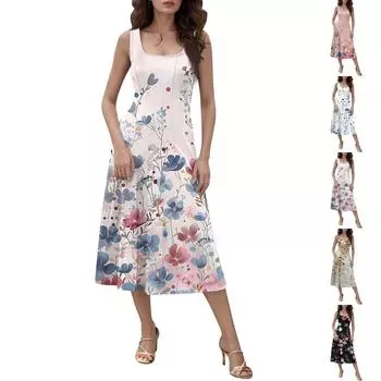 Женское повседневное модное платье миди с круглым вырезом без рукавов и боковыми карманами XXL чёрный