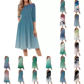 Женское повседневное модное платье миди с круглым вырезом и рукавом три четверти L циан