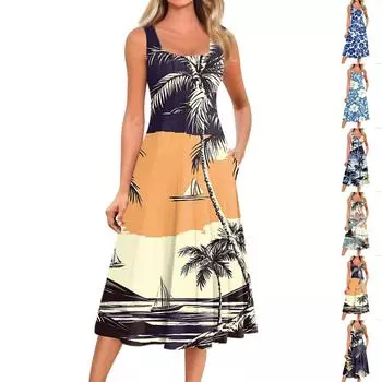 Женское повседневное модное платье миди с цветочным принтом и круглым вырезом без рукавов XXL синий