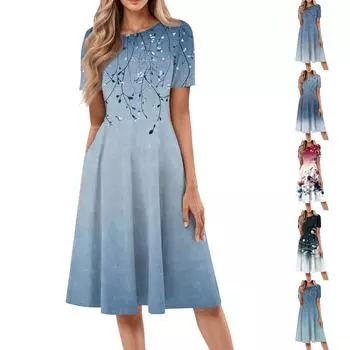 Женское повседневное модное платье миди с круглым вырезом и коротким рукавом с принтом L синий