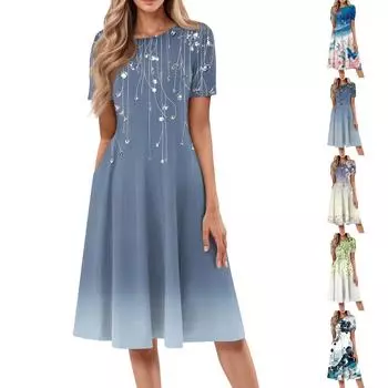 Женское повседневное модное платье миди с круглым вырезом и коротким рукавом с принтом L синий