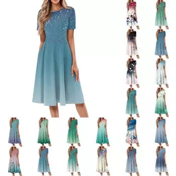 Женское повседневное модное платье миди с круглым вырезом и коротким рукавом с принтом L армия зеленый